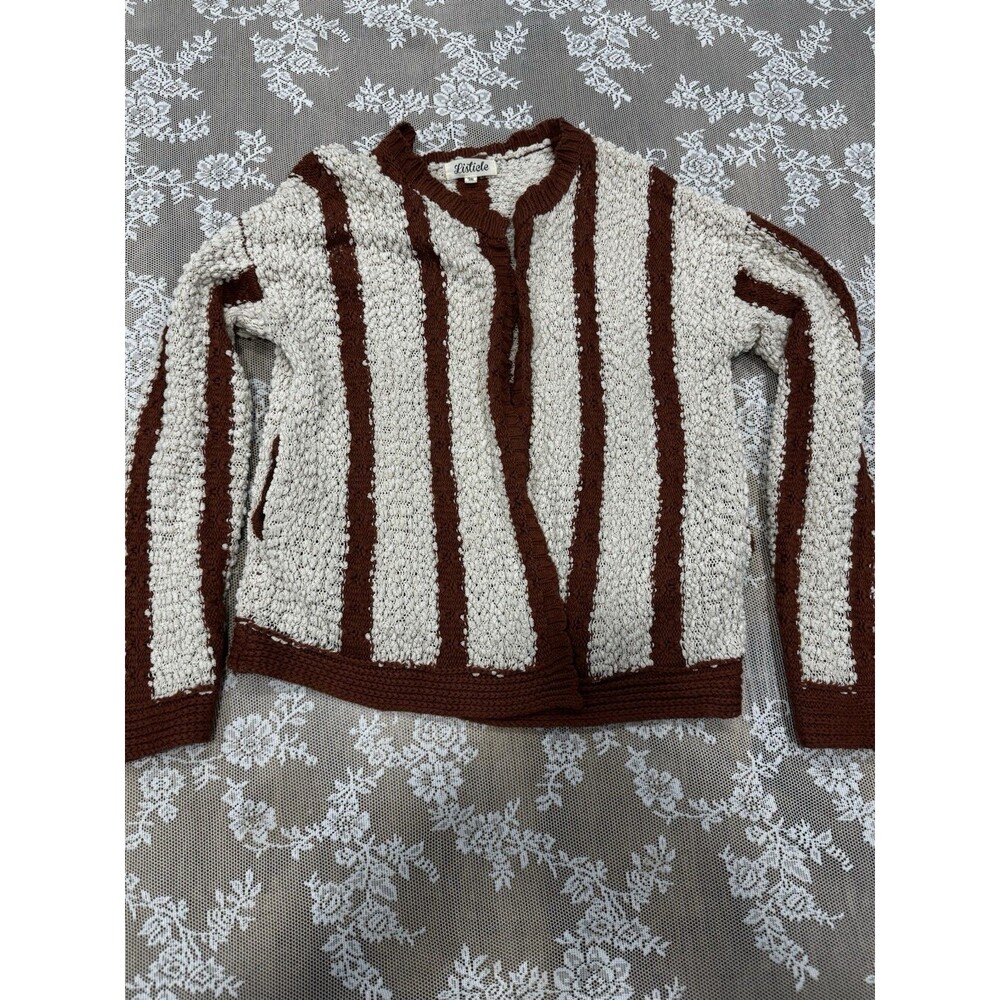 Listicle Women's Brown/Ivory Striped Knit V-Neck Open Cardigan Sweater M